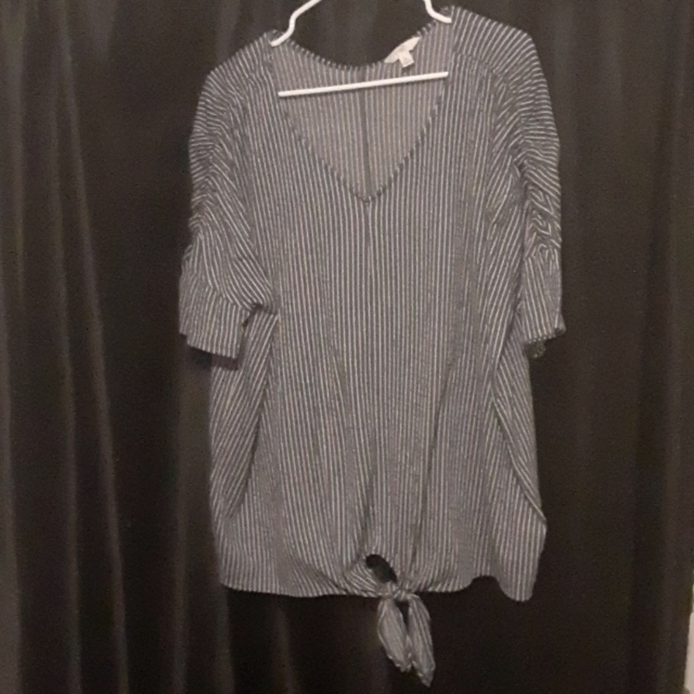 Women's Top, Terra & Sky, OX 14W, Bluish-Gray and white striped